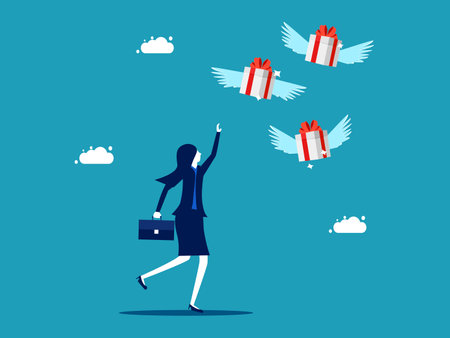 Businesswoman chasing a gift box that flew away from him. Lose benefits or rewards. business concept vectorのイラスト素材