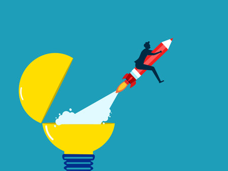 Create new ideas. Imagination or content writing. Businessman riding a pencil rocket from turning on a light bulb vectorのイラスト素材