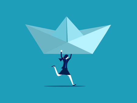 Businesswoman lifting a paper boat. Support business organizations. Business and investment concept. vector illustrationのイラスト素材