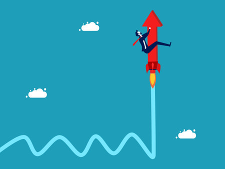 Businessman flying on rocket. Vector illustration in flat design style.のイラスト素材