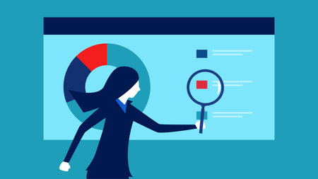 Businesswoman looking at a business graph. Vector illustration in flat styleのイラスト素材