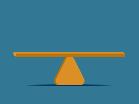 Seesaw set. Balanced and unbalanced wooden wobbler with triangular base. Weighing scales isolated on background. Vector illustrationのイラスト素材