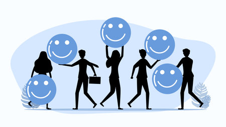 Silhouettes of people holding smiley face icons. Concept of people who are optimistic and live happily. service business support vectorのイラスト素材