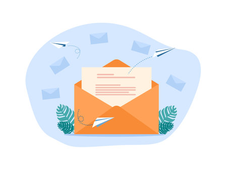 Open an envelope with a paper airplane. Show new email notifications. Send a letter via email. Social Media Marketing. Subscribe to the newsletter vectorのイラスト素材