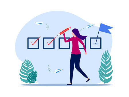 woman checking progress or tracking goals. Checklist. project progress concept vectorのイラスト素材
