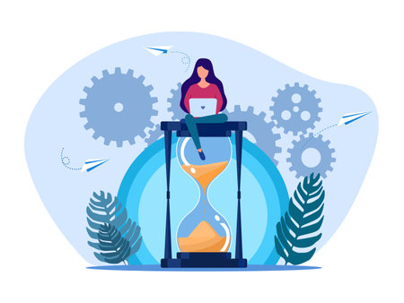 woman with laptop on hourglass. Days counting down to the deadline of the event. vector illustrationのイラスト素材
