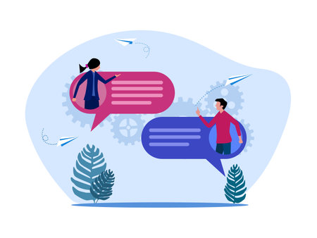 Man and woman with speech bubbles. Online chatting or messaging. vector illustrationのイラスト素材