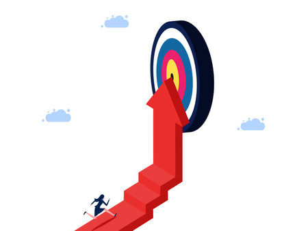 Steps to success. Businesswoman running up the stairs with an arrow pointing to the target vectorのイラスト素材