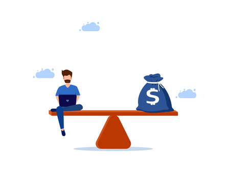 man working on laptop and money bag on the scale. Balancing work and finances vectorのイラスト素材