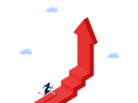 Woman running along the growth ladder arrow. Career progression and growth stages vectorのイラスト素材