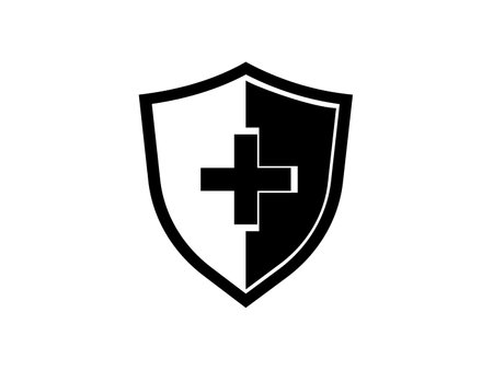 Silhouette icon of medical health shield with plus sign. safety protection concept vectorのイラスト素材