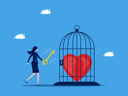 Win your own heart. Be willing to open your business mind. Businesswoman uses a key to unlock a heart in a cage. vectorのイラスト素材