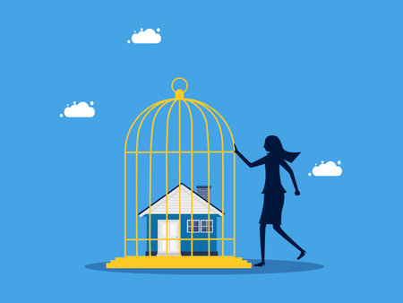 Store assets. woman locks the house in the birdcage. business concept vectorのイラスト素材
