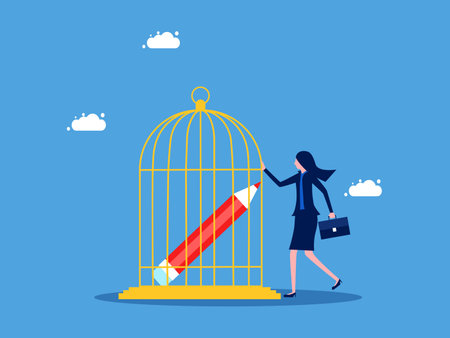 Lack of creative freedom. Businesswoman keeps a pencil in a cage vectorのイラスト素材