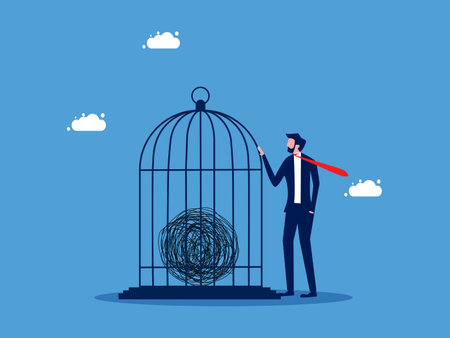 Chaos control. Businessman locking chaos problem in birdcage. concept of business vectorのイラスト素材
