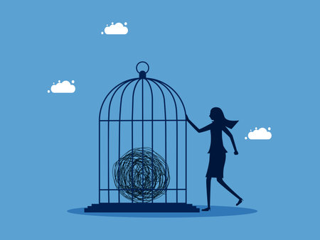 Chaos control. woman locking chaos problem in birdcage. concept of business vectorのイラスト素材