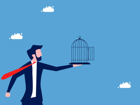 Liberation. Businessman holding open birdcage. business and investment concept vectorのイラスト素材