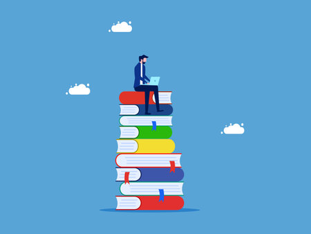 Lifelong learning or seeking knowledge. Businessman working with laptop on stack of books vectorのイラスト素材
