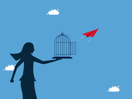 Business leaders and freedom. woman releases a paper plane out of prison. business and investment concept vectorのイラスト素材