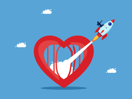 Concept of independent mind and decisive decision. Businesswoman riding a rocket flying out of the heart vectorのイラスト素材
