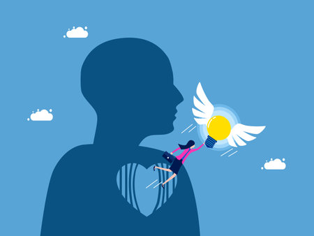 Free mind and discovery of thought. Businesswoman flying with a light bulb coming out of the heart vectorのイラスト素材