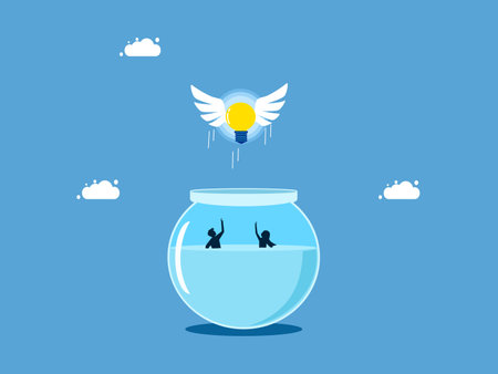 The concept of freedom and emancipation. A light bulb floated out of the fish tank vectorのイラスト素材