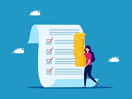 Woman with money and checklist. Investment and financial planning. vector illustrationのイラスト素材