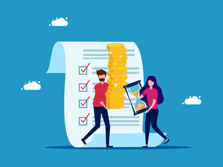 Man and woman have watches and money. Long term investment planning. vector illustrationのイラスト素材