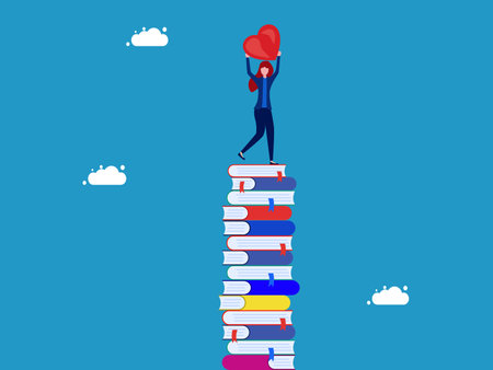 Love to study or learn. woman holding heart on high pile of books vectorのイラスト素材