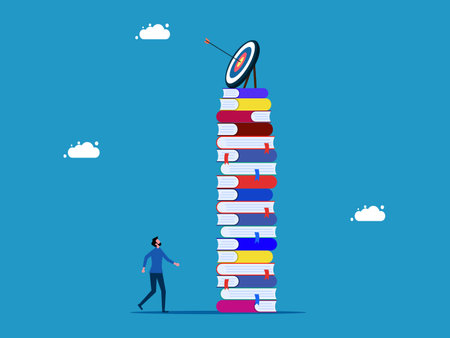 goals and knowledge. man standing looking at target on high pile of books vectorのイラスト素材