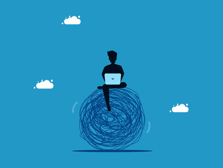 Control emotions while solving difficulties. Businessman balances chaos with laptop vectorのイラスト素材