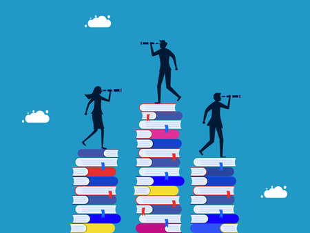 Look for information or knowledge opportunities. The team looked at the binoculars on the pile of books vectorのイラスト素材