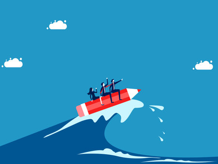 Fighting crises with creativity and leadership vision. Business team surfing sea waves with pencils vectorのイラスト素材