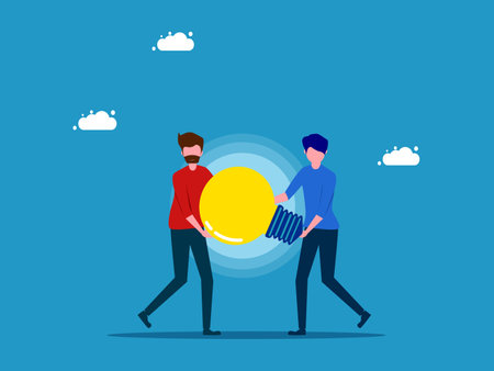 Discover innovation and knowledge. two people helping each other hold light bulbs vectorのイラスト素材
