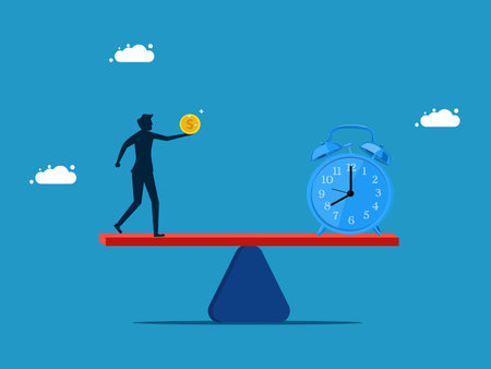 Buy time or opportunity. man with money and clock on the scale vectorのイラスト素材