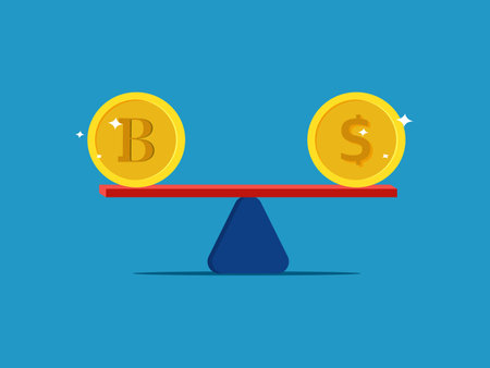 Currency exchange. two currency coins on the scale vectorのイラスト素材