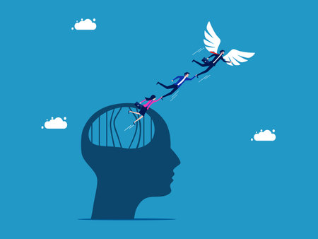 Businessman team leader with angel wings. escape from brain prison vectorのイラスト素材