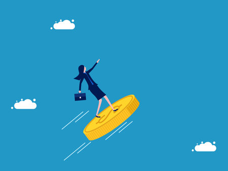 Look for investment and business opportunities. Businesswoman standing on a coin moving forward vectorのイラスト素材