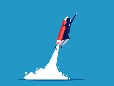 Business development to grow. Businesswoman flies up with a pencil vectorのイラスト素材