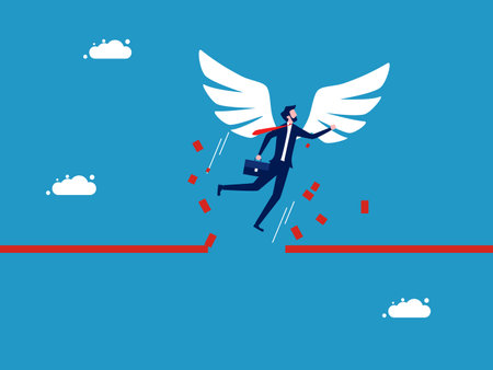 Overcome obstacles to success. Businessman flying with angel wings breaking barriers vectorのイラスト素材