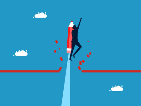Overcome business obstacles. man flies with a pencil breaking the line vectorのイラスト素材