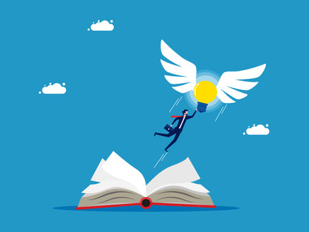 Freedom to learn and imagine. Businessman flying with a light bulb flying out of a book vectorのイラスト素材