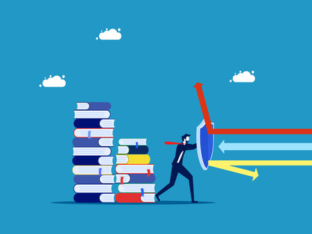 Protection of knowledge or business information. Businessman holding a shield to protect the pile of books vectorのイラスト素材