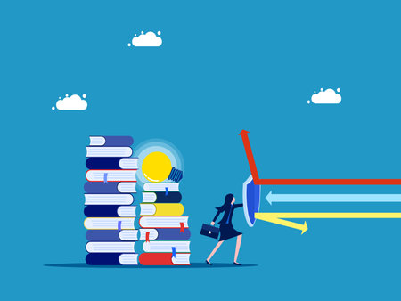 Protection of knowledge or business information. Businesswoman holding a shield to protect the pile of books vectorのイラスト素材
