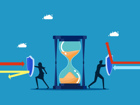 Businessman team holding shield to protect hourglass. life time protection concept vectorのイラスト素材