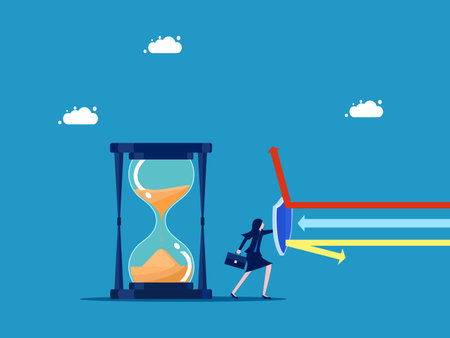 Protect time. Businesswoman holding shield to protect hourglass vectorのイラスト素材