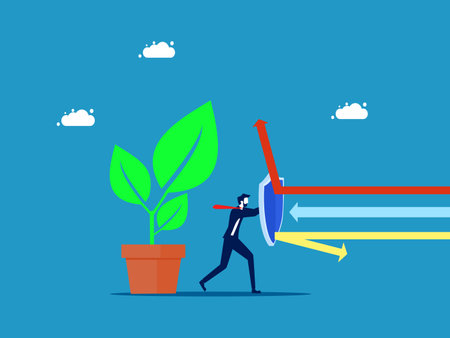 Protect nature and the environment. Businessman holding shield to protect tree from arrow attack vectorのイラスト素材
