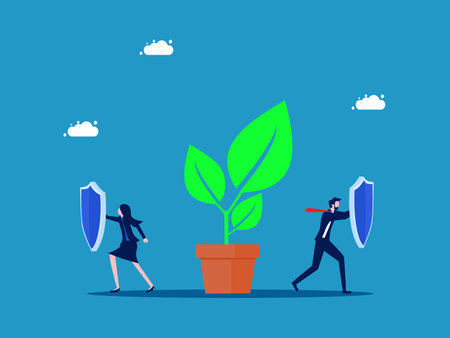 Protect nature and the environment. business team holding shields to protect tree vectorのイラスト素材