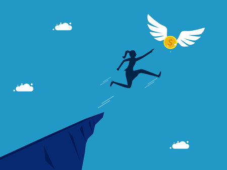 Finance and investment. woman jumping and grabbing coin vectorのイラスト素材