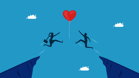 Competition for recognition. Two businessmen jumping for heart balloon vectorのイラスト素材